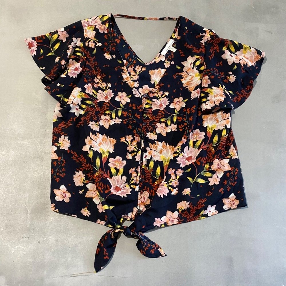 FOURTEENTH PLACE Shirt Womens Size Plus 1x blue sheer floral‎ boho cute Tie